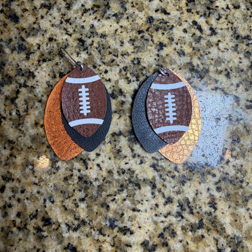 Football Faux Leather Layered Dangle Earrings Brown Black Orange Game Day